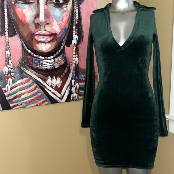 Fashion Nova velour mini dress collared velvet like size xs green sleeves long - Picture 1 of 9